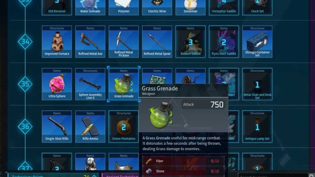 A Grass Grenade and its stats in an inventory in Palworld.