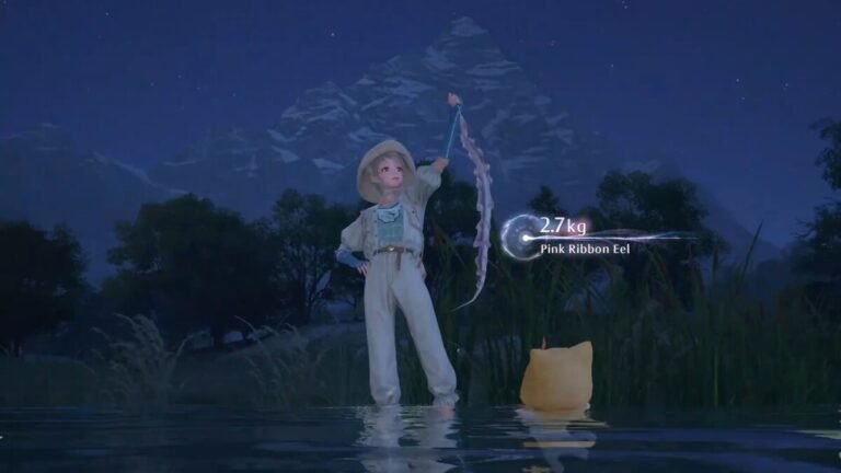 A player catching a Pink Ribbon Eel in Infinity Nikki.