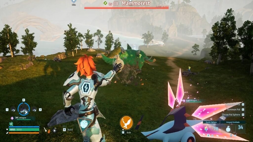 A player throwing a Ground Grenade at Mammorest in Palworld.