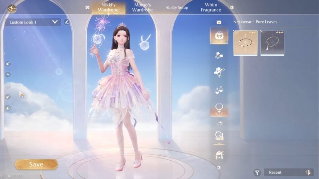 Accessing the Pure Leaves Neckwear in Nikki's Wardrobe during the  Beretsant King quest in Infinity Nikki.