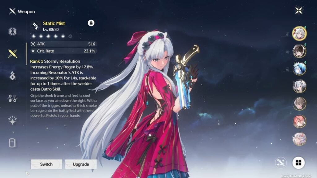 Carlotta with the Static Mist weapon in her hand in Wuthering Waves.