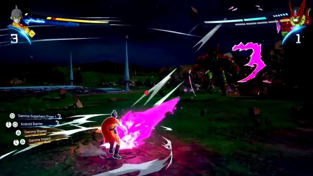 Gamma 1 fighting Cell Max in the Hero of Justice DLC in Dragon Ball Sparking ZERO