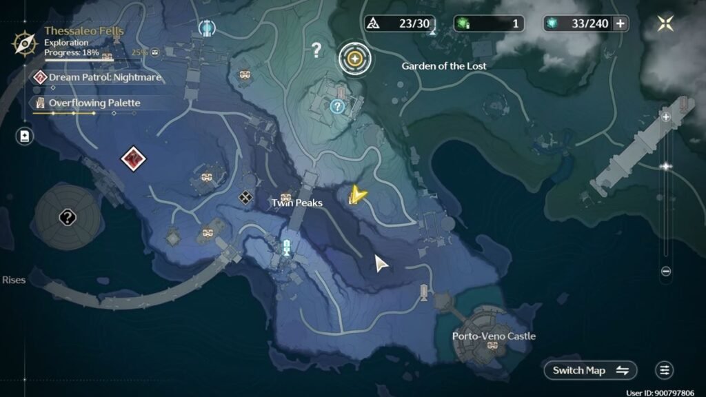 Location of the fourth Overflowing Pattern puzzle in Thessaleo Falls in Wuthering Waves.