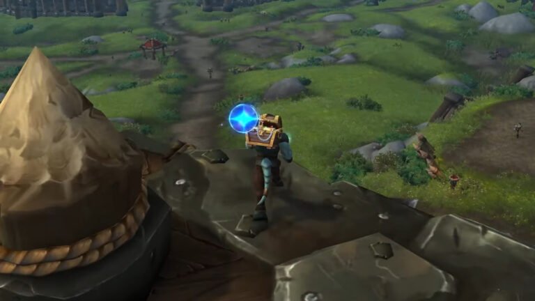 A player with a treasure chest accessory on his head in WoW Plunderstorm