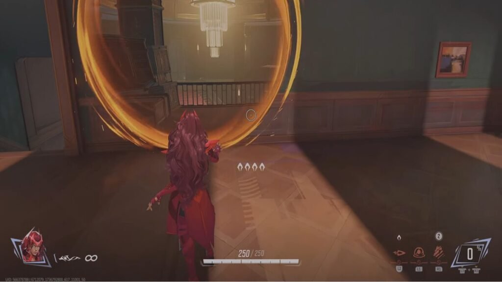 Scarlet Witch looking through a portal in the Doom Match Mode in Marvel Rivals.