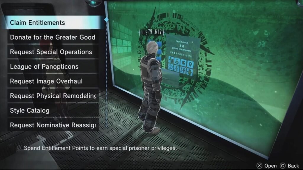 The Claim Entitlements option in the Window on Liberty in Freedom Wars Remastered.