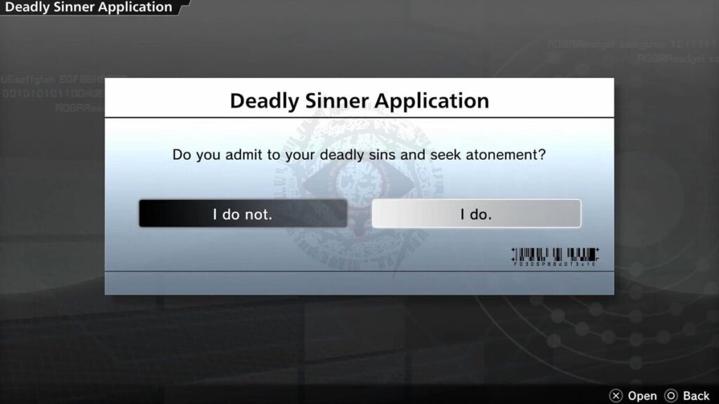 The Deadly Sinner Application menu in Freedom Wars Remastered.