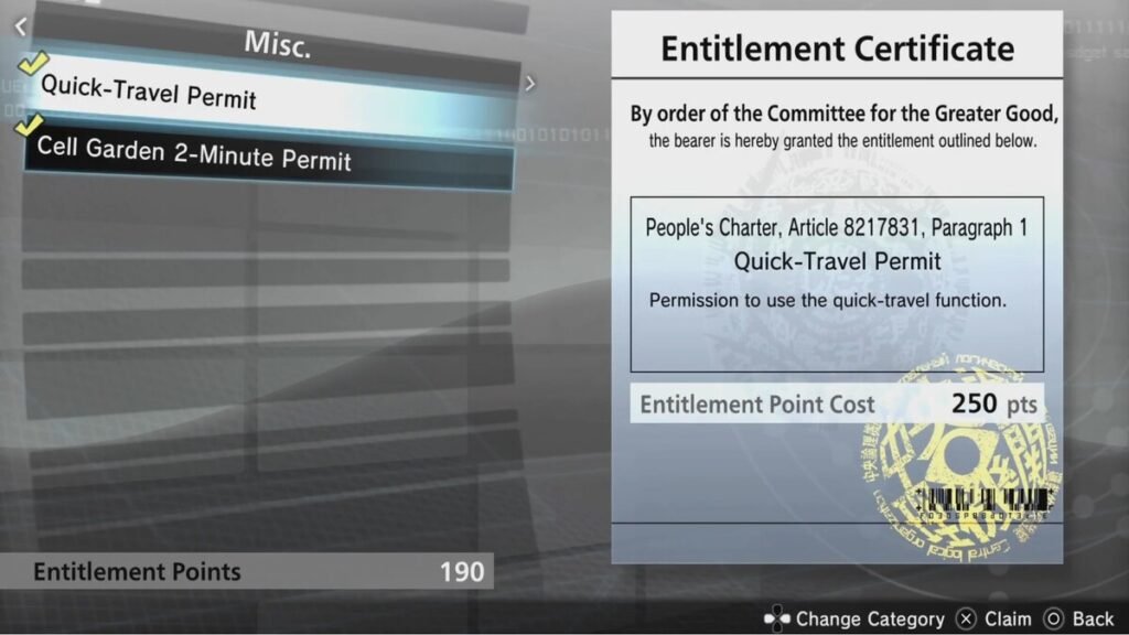 The Quick Travel Permit in the Interface Entitlements in Freedom Wars Remastered.