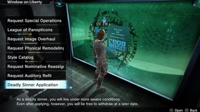 The description of the Deadly Sinner Application in the Window of Liberty in Freedom Wars Remastered.