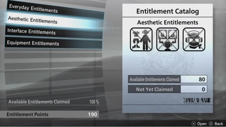 The different Entitlements in Freedom Wars Remastered.