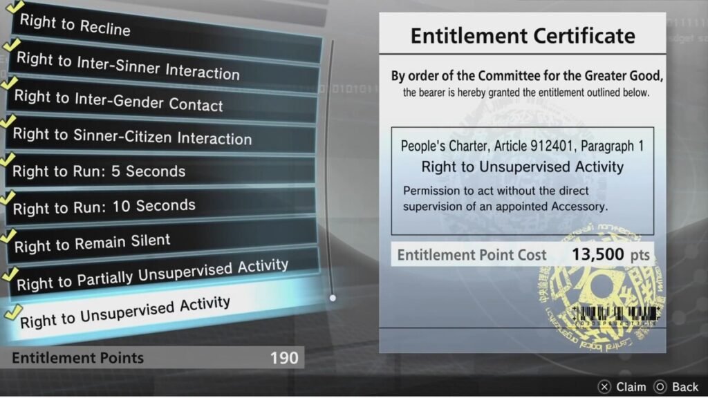 The different Everyday Entitlements in Freedom Wars Remastered.