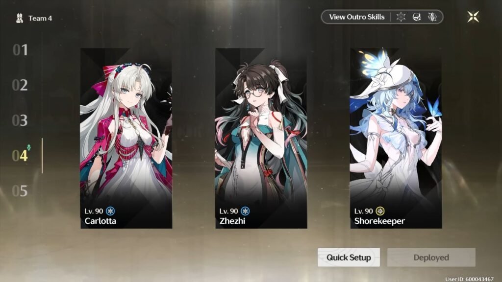The ideal team composition with Carlotta, Zhezhi and Shorekeeper in the team menu in Wuthering Waves.