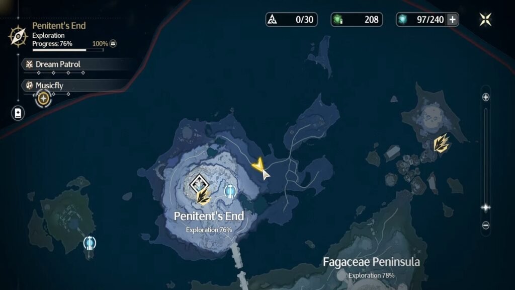 The in-map location of the second Musicfly in Penitent's End in Wuthering Waves.