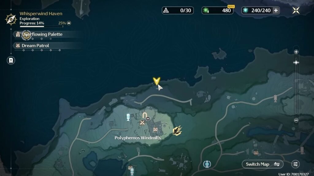 The location of one of the Overflowing Palette Puzzles in Whisperwind Haven in Wuthering Waves.