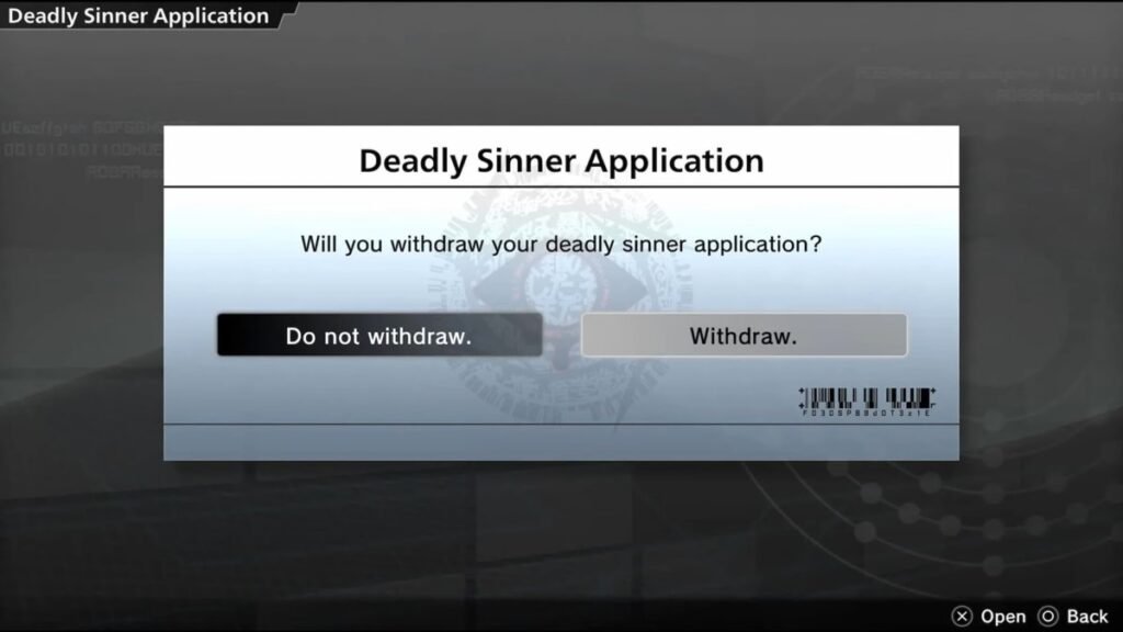 Withdrawing the Deadly Sinner Application in Freedom Wars Remastered.
