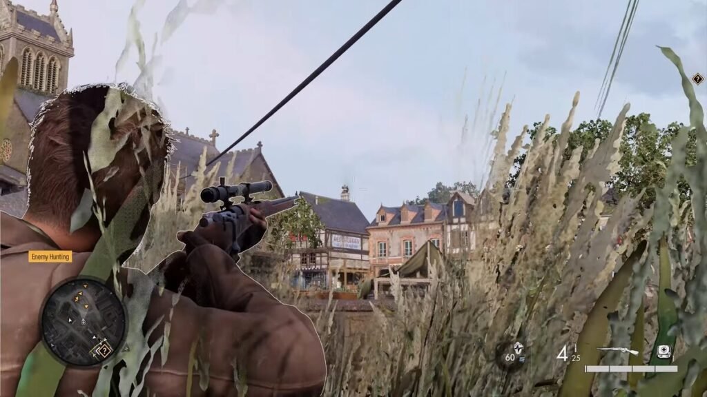A player aiming at the building with the first Stone Eagle in Sniper Elite Resistance