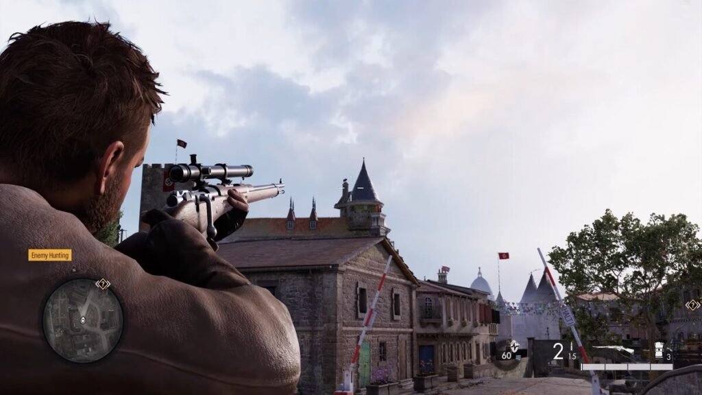 A player aiming at the building with the second Stone Eagle in Sniper Elite Resistance
