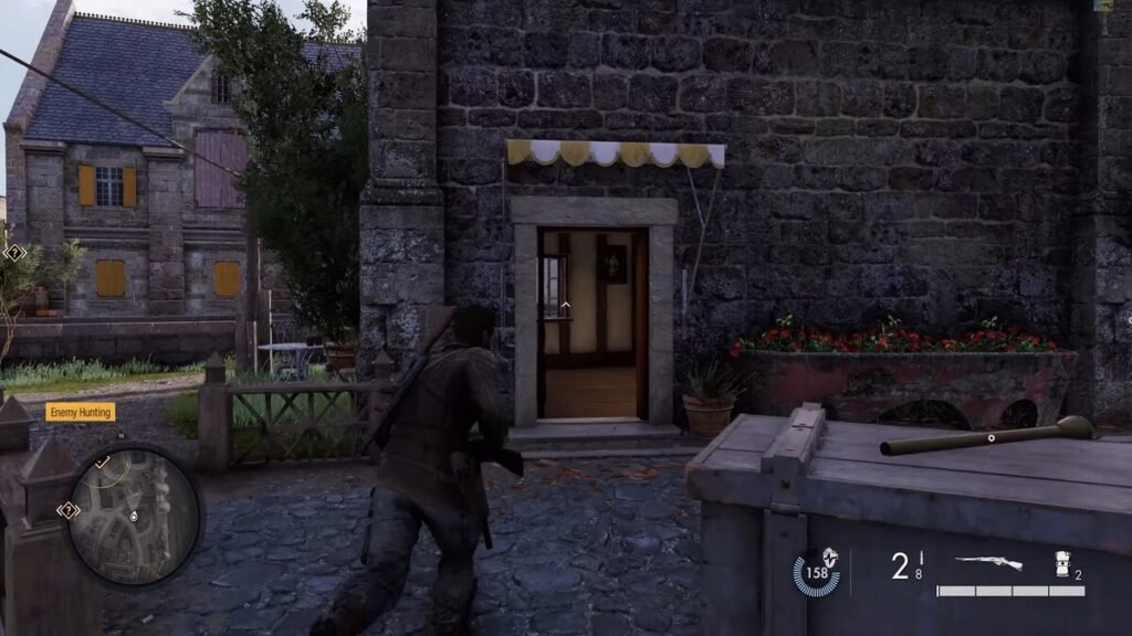 The entrance to the building where the Use The Library document can be found in Sniper Elite Resistance