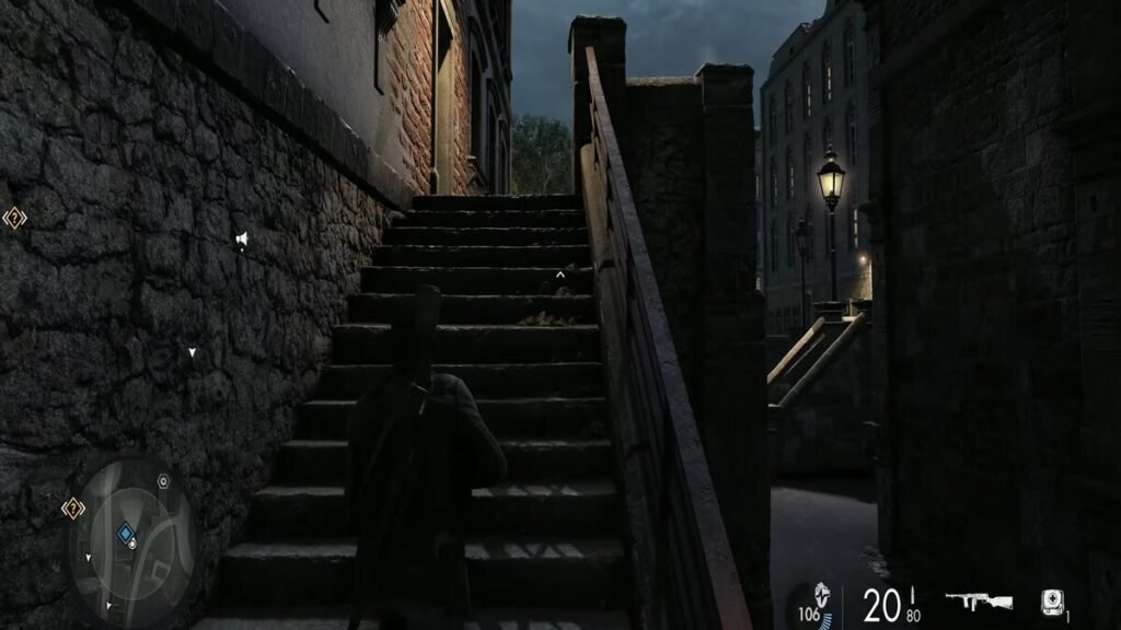 The entrance to the building with the Resistance Flag in Sniper Elite Resistance