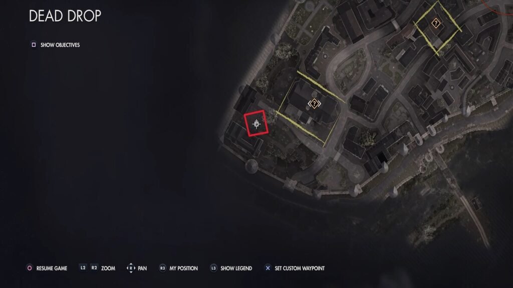 The location of the building with the Rifle Workbench on the map in Sniper Elite Resistance